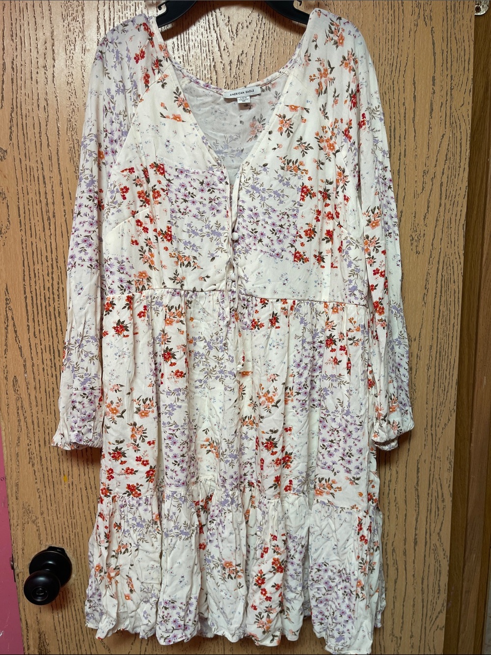 American Eagle Outfitters Cream Floral Long Sleeve Tiered Dress